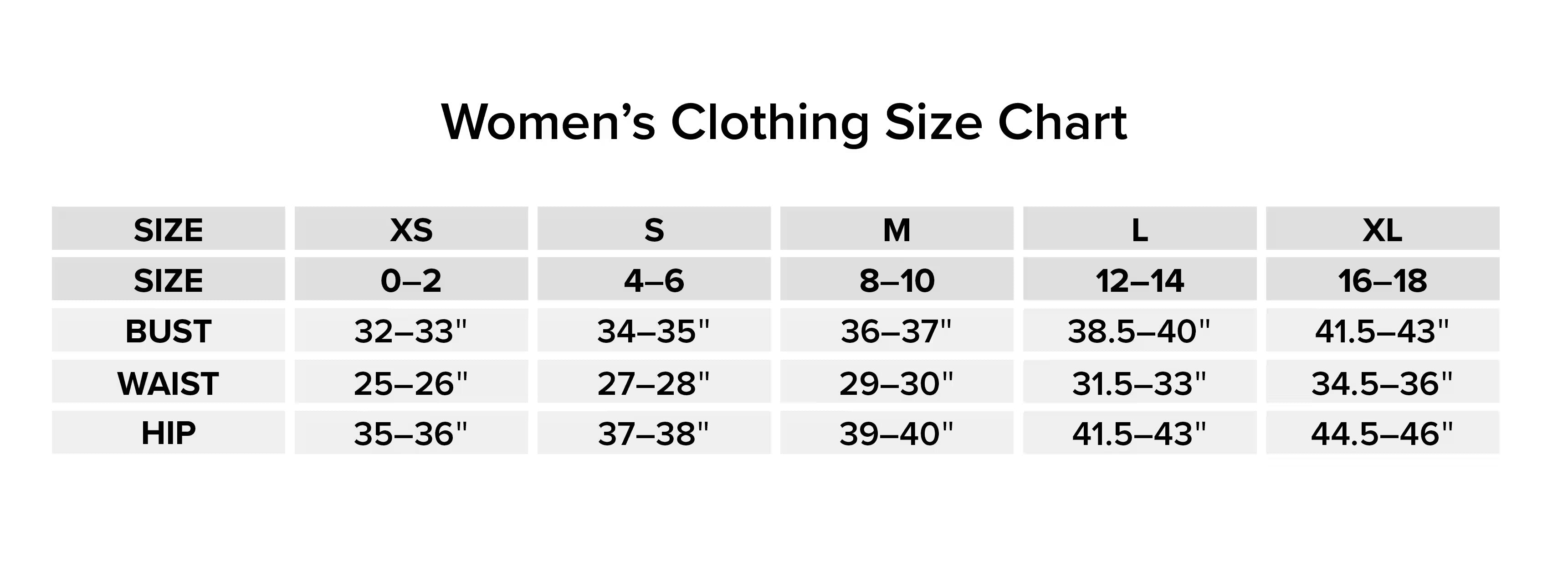 size chart for apparel